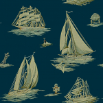 Ralph Lauren Down easter boats PRL5024/03 Boat wallpaper printed on a dark, and dramatic indigo background.