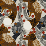 Marimekko KETUNMARJA JV-25175 Brown, black, charcoal, muted red, chalk-white on greige background