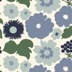 Marimekko KUKKATORI 25931 Cream,  powder and cornflower blue, hale navy and muted forest green