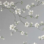 Today Interiors MOONLACE MAGNOLIA Linen / Foil CH31408 Silver metallic background with off-white, taupe, green, brown florals