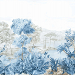 Today Interiors SUGAR QUAY WALK CL32102M Pastel blue, soft grey, and muted beige trees and foliage on a ligh...
