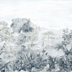 Today Interiors SUGAR QUAY WALK CL32108M Light grey, charcoal, and muted blue trees and foliage on a light c...