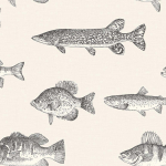 Today Interiors TROUT CL71408 Cream linen-effect backdrop with charcoal and pale grey fish detail...