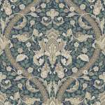 KT Exclusive William Morris KELMSCOTT KT30302 A dark blue background, beige/taupe and cream toned foliage is laye...