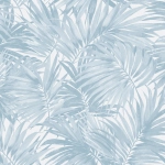 Today Interiors COASTAL HAVEN LN40700-LN40712 LN40702 Soft sky blue palm leaves on a white backdrop.