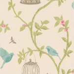 Nina Campbell Birdcage Walk NCW3770-02 Ivory background, with pale teal birds and blushing pink blooms.