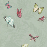 Nina Campbell Farfalla NCW4010-02 Sage with bright butterflies of cerise, cream and blue/green.