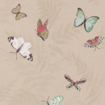 Nina Campbell Farfalla NCW4010-03 Vanilla with bright butterflies of cerise, cream and blue/green.