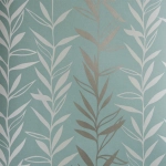 Nina Campbell Salix NCW4021-04 Cream and silver foliage with a subtly patterned pale teal background.