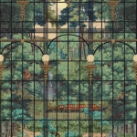 Mind The Gap THE STATION VIEW WP20783 This colourway features a rich palette of deep greens, vivid reds, ...