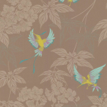 Osborne & Little Grove Garden W5603-05 Birds in turquoise, aqua, magenta and lime, against a pale brown ba...