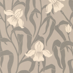 Osborne & Little Iris W5730-03 Cream flowers, gold-silver stems, on a buff background.