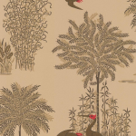 Osborne & Little Jagmandir W6023-01 Copper birds with brown and gold foliage, on a caramel background.