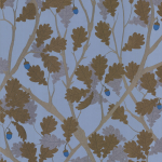 Osborne & Little Feuille de Chêne W6430-02 A grey blue background with shades of muted metallic gold and pewte...