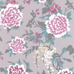 Osborne & Little Persian Garden W6492-05 Fuchsia, white, azure and buttermilk on pale pink stone.