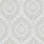 Osborne & Little Rosalia Damask W6493-06 White on pale taupe.