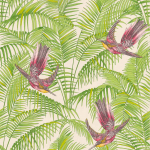 Matthew Williamson Sunbird W6543-02 Pink and yellow birds with vibrant green leaves, on a cream ground.
