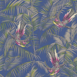 Matthew Williamson Sunbird W6543-04 Pink and green birds, silver and metallic emerald leaves, on a coba...