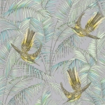 Matthew Williamson Sunbird W6543-05 Lemon and lime birds, pale mint green leaves, on silver.