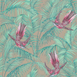 Matthew Williamson Sunbird W6543-06 Pink birds with touches of blue, greeny blue foliage, on a silver g...
