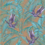 Matthew Williamson Sunbird W6543-07 Purple and violet birds, leaves in blues and green, on a metallic c...