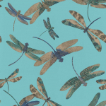 Matthew Williamson Dragonfly Dance W6650-03 Metallic gilver with blue jewels on turquoise.