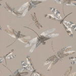 Matthew Williamson Dragonfly Dance W6650-06 Soft greys and taupe, on a metallic gilver ground.