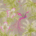 Matthew Williamson Bird of Paradise W6655-03 Lush greens, fresh pinks and violet with a metallic gilver ground.