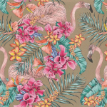 Matthew Williamson Flamingo Club W6800-07 Antique Gold - Cerise, coral, and jade on a metallic gold background