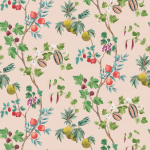 Osborne & Little Orchard W7686-04 Blush - Leafy greens, blue, red and purple, against a soft pink bac...
