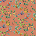 Osborne & Little Orchard W7686-05 Terracotta - Leafy greens, purple and blue, against a warm terracot...