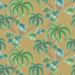 Osborne & Little SHALIMAR W7903-03 Lush palm trees in greens and blues on a metallic gold background w...