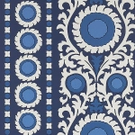 Osborne & Little SAMRINA W7904-01 Bold medallion patterns in shades of blue and white on a deep indig...