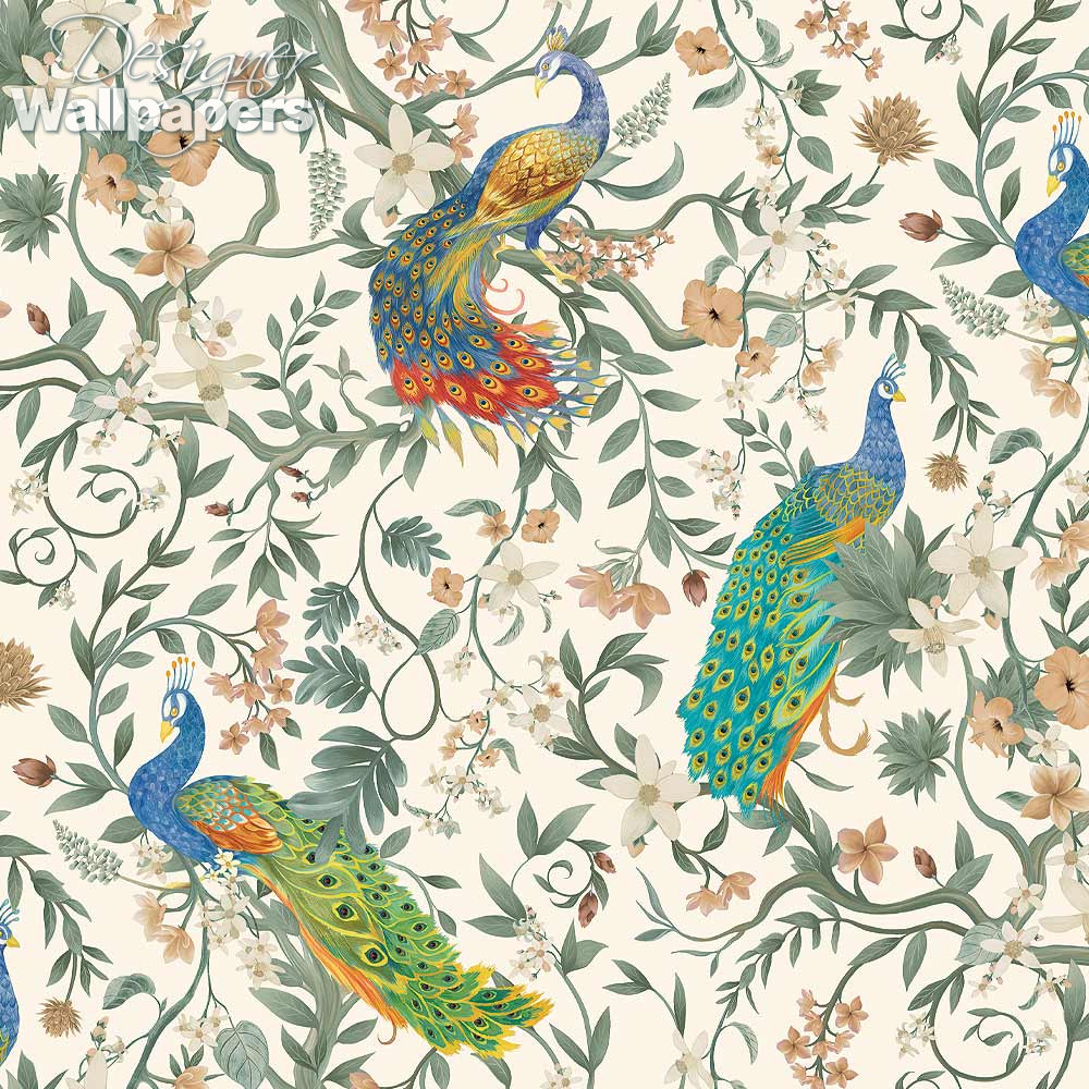 Peacocks & Flowers Wallpaper for Walls | Victorian Peacocks on Red