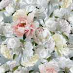 Designers Guild Peonia grande zinc PDG1102/01 Colourful flowers in pinks, yellow, white on a dove grey background.