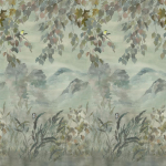 Designers Guild Miyako scene 1 dove PDG1111/01 A tranquil scene with trailing autumn leaves, mountain peaks, butte...
