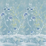Designers Guild Manohari PDG1137/02 Delft - Lime green blossoms and pretty blue blooms set against a sk...
