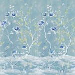Designers Guild Manohari PDG1137/02 Delft - Lime green blossoms and pretty blue blooms set against a sk...