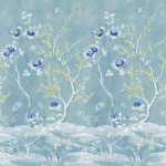 Designers Guild Manohari PDG1137/02 Delft - Lime green blossoms and pretty blue blooms set against a sk...