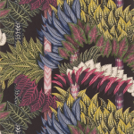 Christian Lacroix Belorizonte PCL7043/04 Jais - Pink, blue, and green leaves against a black background.