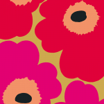 Marimekko UNIKKO Metallic JV-25905 Gold background with red and fuchsia flowers