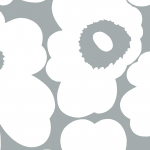 Marimekko UNIKKO Metallic 25907 Matt white flowers on silver background