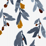 Marimekko PIENI HYHMA JV-25151 Soft off-white, blue-grey and muted steel-blue foliage, warm ochre ...
