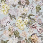 Designers Guild Delft flower PDG1033/04 Duck Egg- Yellow, peach and purple flowers on a duck egg blue backg...