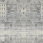 Cole and Son Riflesso 77/14052 Fine black line drawing with metallic light blue highlights on warm...