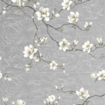 Today Interiors MOONLACE MAGNOLIA Vinyl CH30118 Silver metallic background with off-white, taupe, green, brown florals