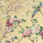 Today Interiors UME BIRD TRAIL Grasscloth CH30603 Summer. Metallic gold foil, off white, pink, yellow, blue, green, b...