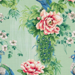 Today Interiors SANDY CL31304 Cobalt blue, jade green, and blush pink on a pastel green background.