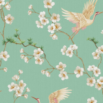 Today Interiors SWITHINS WALK Linen Edition CL33004 Muted teal background with soft ivory and pink-accented cranes, and...