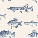 Today Interiors TROUT CL71402 Cream linen-effect backdrop with detailed fish in deep navy and gen...